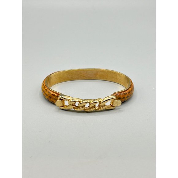 Vtg 80s 90s Snakeskin Bracelet Hinged Bangle Light Brown with Gold Plated Chain - Picture 4 of 8
